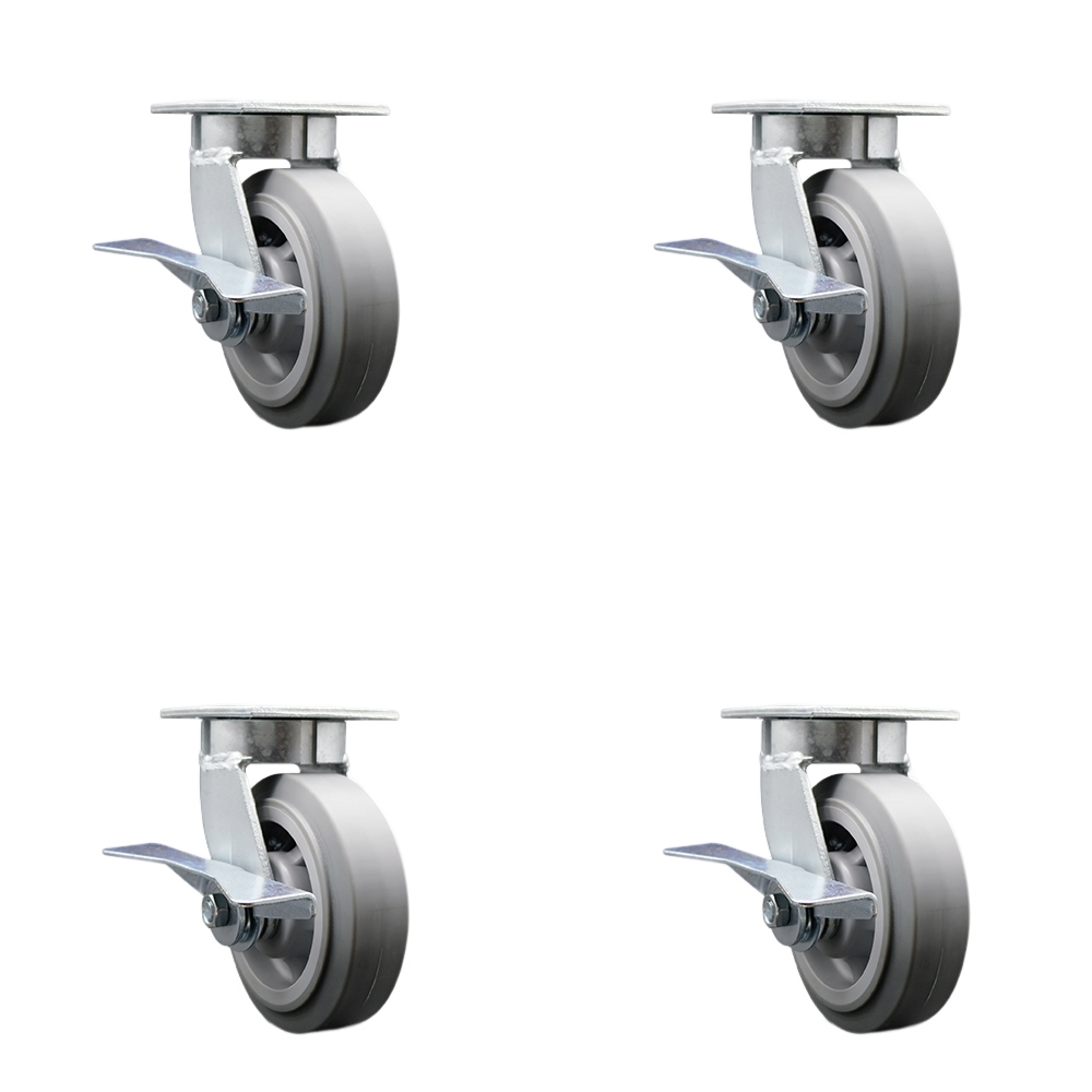 Kingpinless Thermo Rubber Flat Tread Swivel Top Plate Caster with 6 x 2 in. Gray Wheels - 2000 lbs Total Capacity - Set of 4