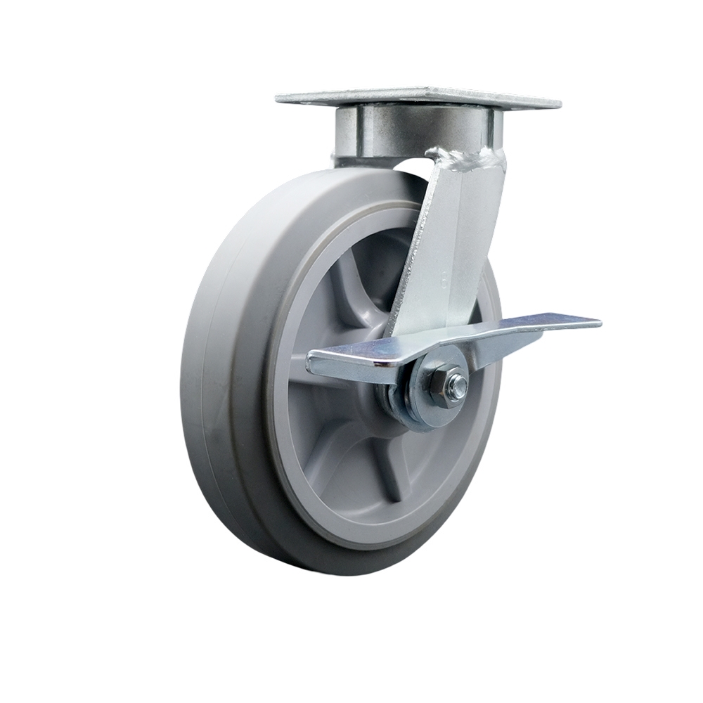 Kingpinless Thermo Rubber Flat Tread Swivel Top Plate Caster with 8 x 2 in. Gray Wheel & Side Lock Brake - 600 lbs Capacity per Caster