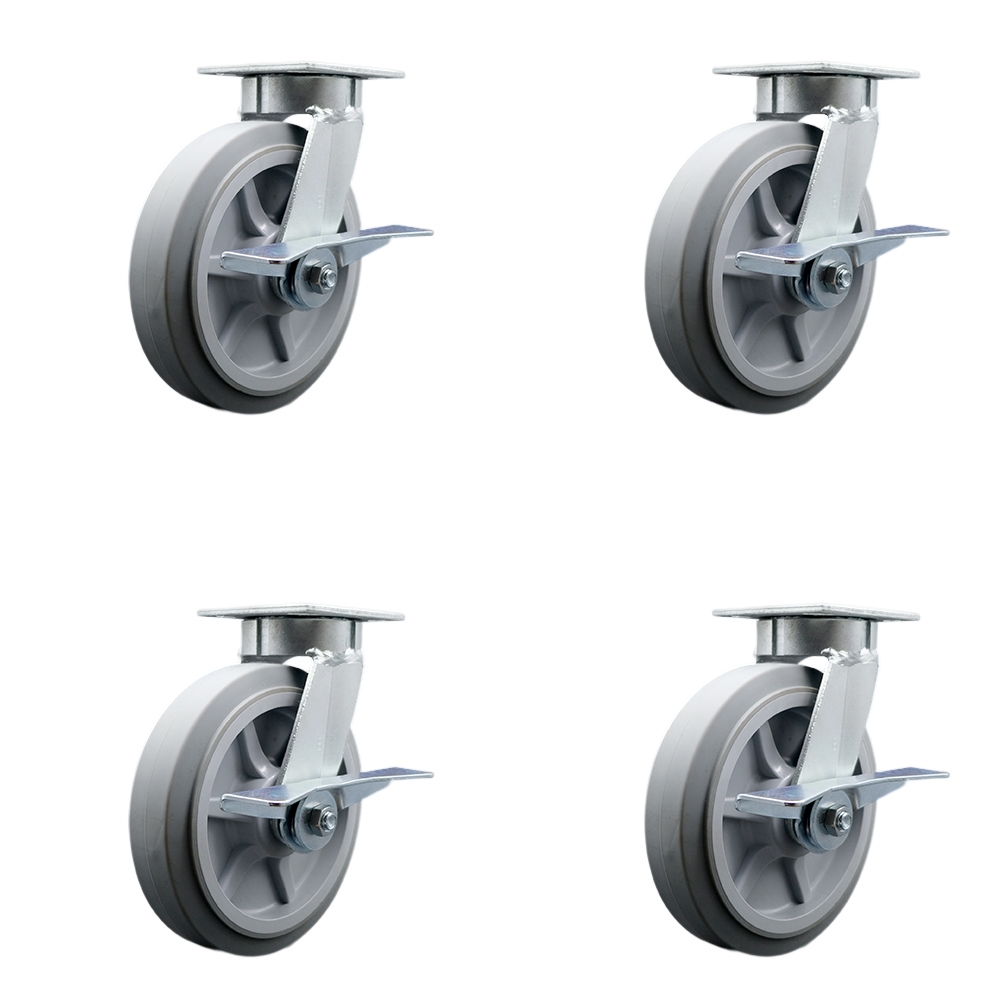 SCC-KP30S820-TPRRF-SLB-4 Kingpinless Thermo Rubber Flat Tread Swivel Top Plate Caster with 8 x 2 in. Gray Wheels - 2400 lbs Total Capacity - Set of 4