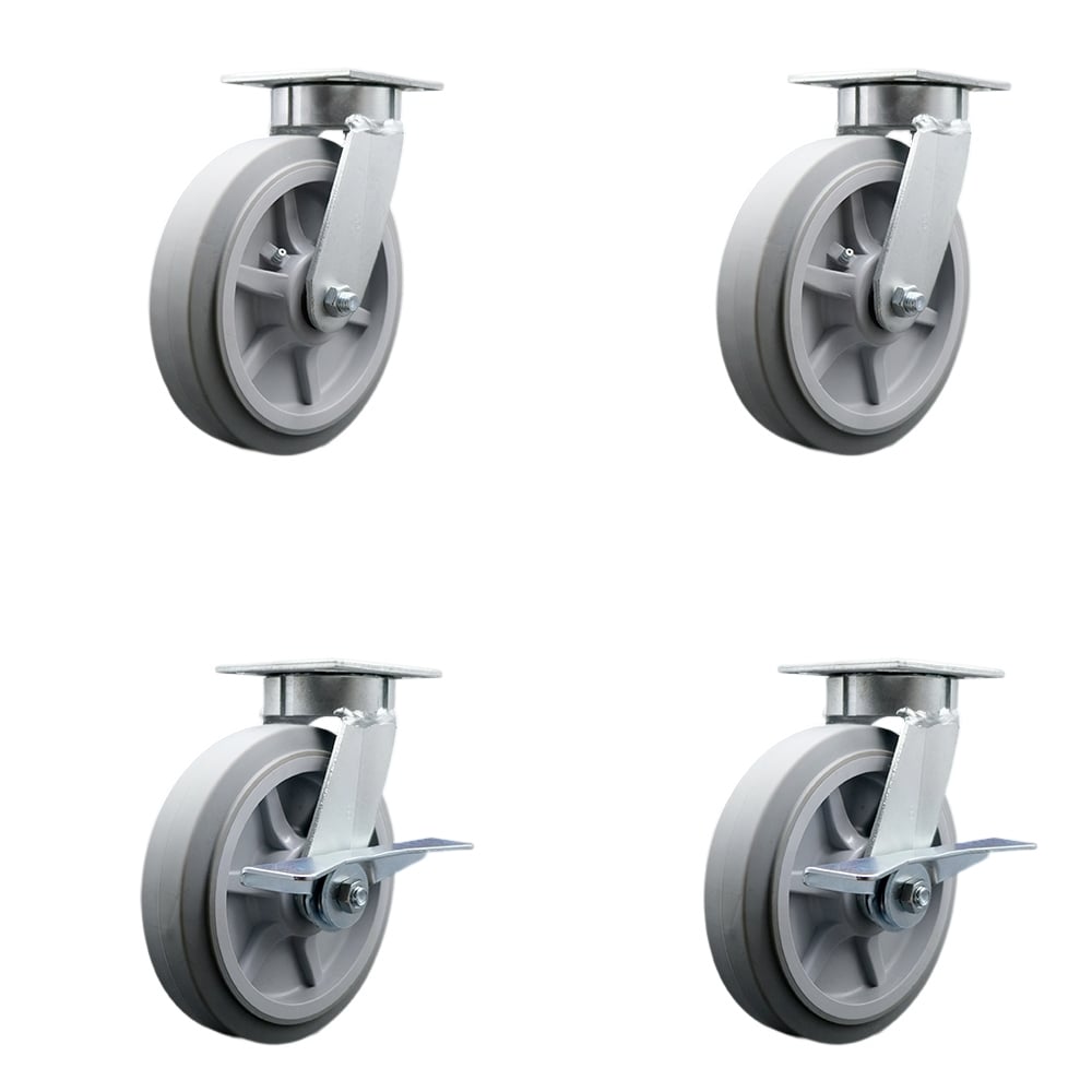 Kingpinless Thermo Rubber Flat Tread Swivel Top Plate Caster with 8 x 2 in. Gray Wheels - 2400 lbs Total Capacity - Set of 4