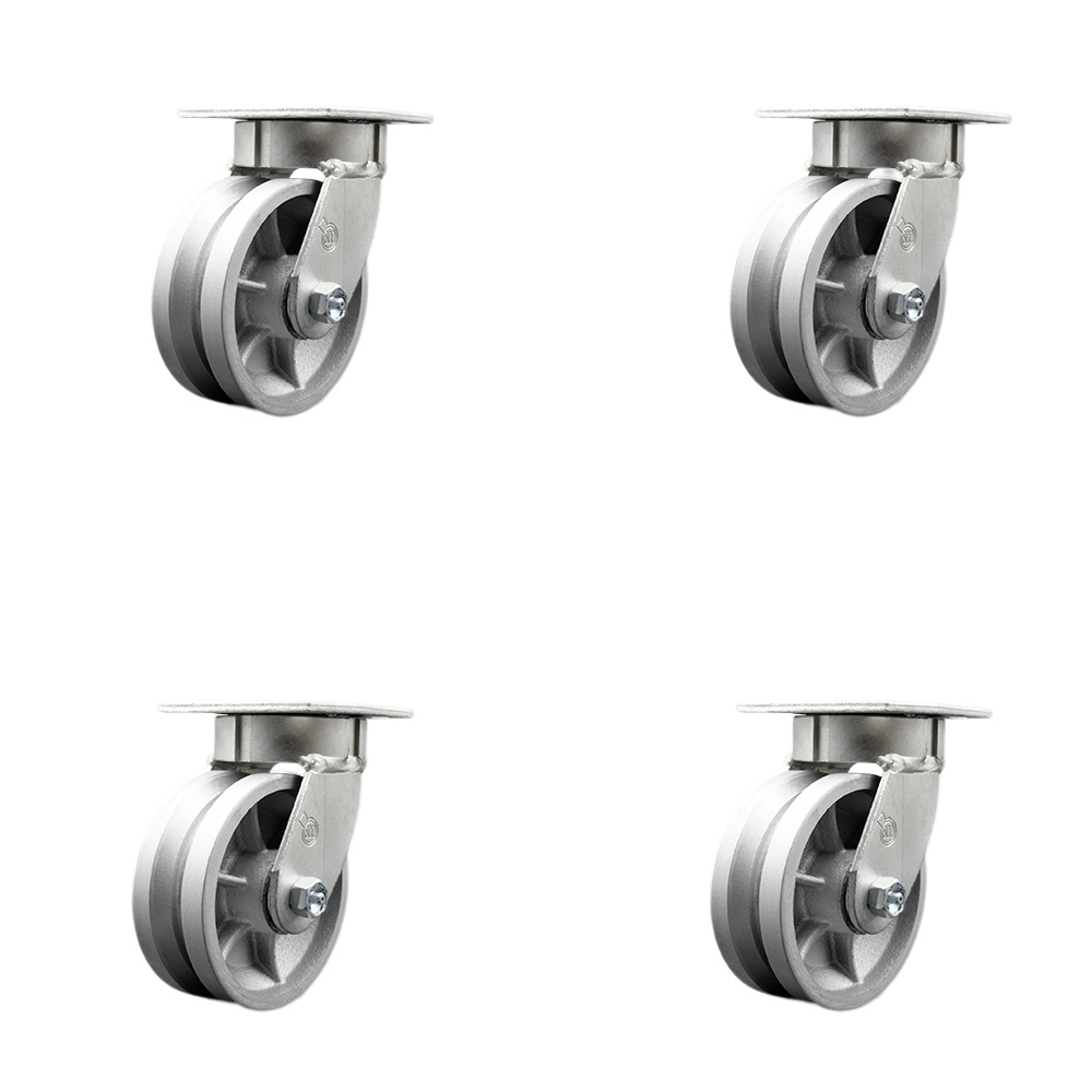 SCC-KP30S520-VGR-4 Kingpinless V Groove Semi Steel Swivel Top Plate Caster with 5 x 2 in. Silver Wheels - 4400 lbs Total Capacity - Set of 4