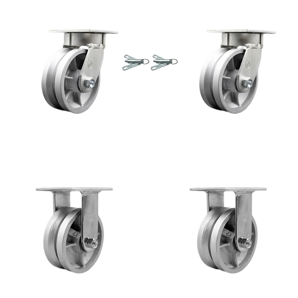 SCC-KP30S520-VGR-BSL-2-R-2 Kingpinless V Groove Semi Steel Swivel Top Plate Caster with 5 x 2 in. Silver Wheels - 4400 lbs Total Capacity - Set of 4