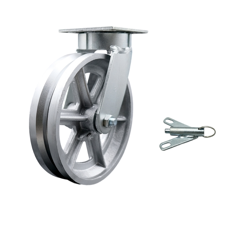 Kingpinless V Groove Semi Steel Swivel Top Plate Caster with 8 x 2 in. Silver Wheel & Bolt on Swivel Lock - 1250 lbs Capacity per Caster