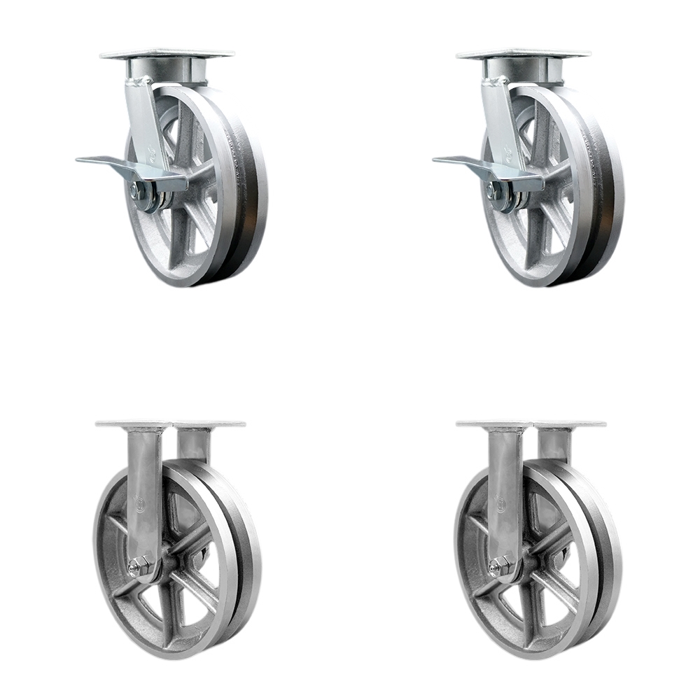 SCC-KP30S820-VGR-SLB-2-R-2 Kingpinless V Groove Semi Steel Swivel Top Plate Caster with 8 x 2 in. Silver Wheels - 5000 lbs Total Capacity - Set of 4
