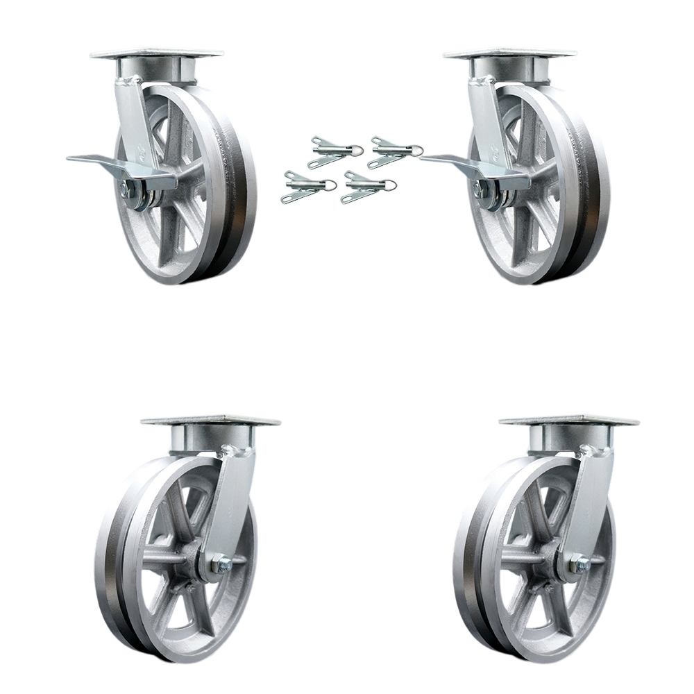 SCC-KP30S820-VGR-SLB-BSL-2-BSL-2 Kingpinless V Groove Semi Steel Swivel Top Plate Caster with 8 x 2 in. Silver Wheels - 5000 lbs Capacity - Set of 4