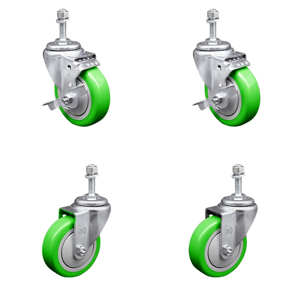 SCC-TS20S414-PPUB-GRN-TLB-M1015-2-S-2 Polyurethane Swivel Threaded Stem Caster with 4 x 1.25 in. Green Wheels & 10 mm Stems - Set of 4