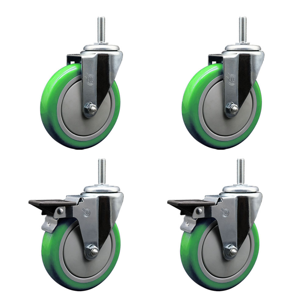 SCC-TS20S514-PPUB-GRN-34212-2-PLB-2 Polyurethane Swivel Threaded Stem Caster with 5 x 1.25 in. Green Wheels & 0.75 in. Stems - Set of 4