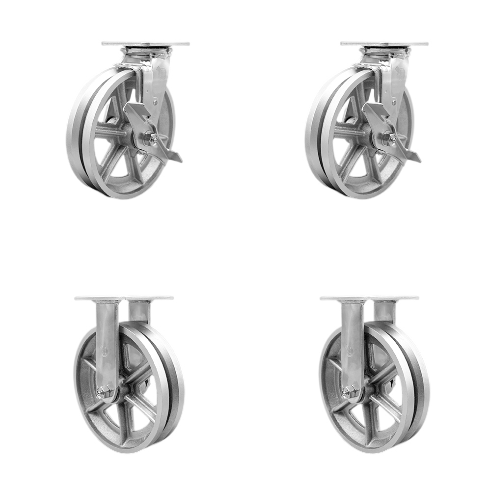 Heavy Duty Swivel Caster with 8 in. V Groove Semi Steel Cast Iron Wheels & Ball Bearings - 5000 lbs Total Capacity - Set of 4
