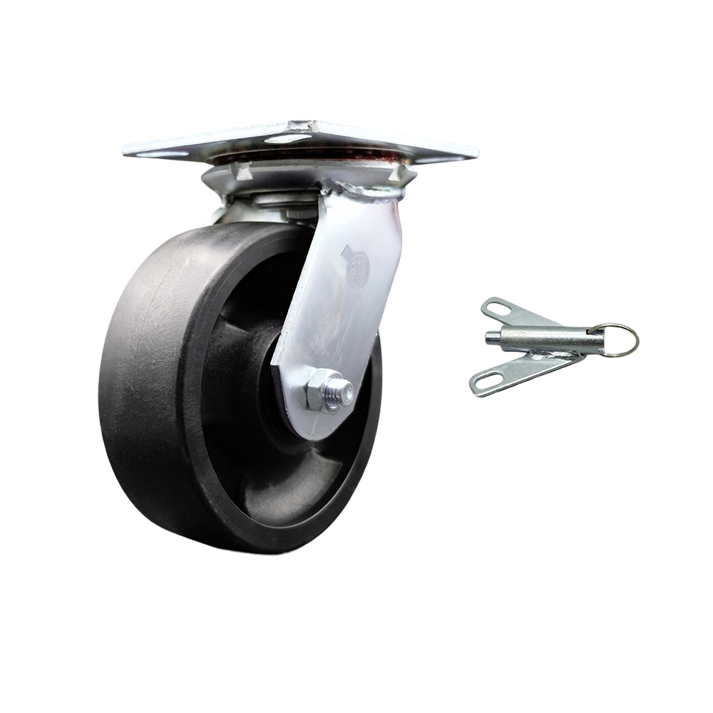 Heavy Duty Large Top Plate Glass Filled Nylon Swivel Caster with 6 x 2 in. Black Wheel & Bolt on Swivel Lock - 1500 lbs Capacity per Caster