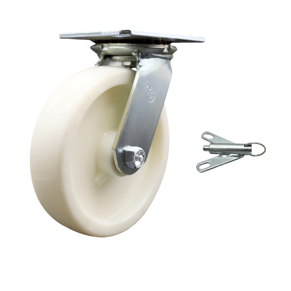 SCC-35S820-NYR-BSL Heavy Duty Large Top Plate Nylon Swivel Caster with 8 x 2 in. White Wheel & Bolt on Swivel Lock - 1250 lbs Capacity per Caster