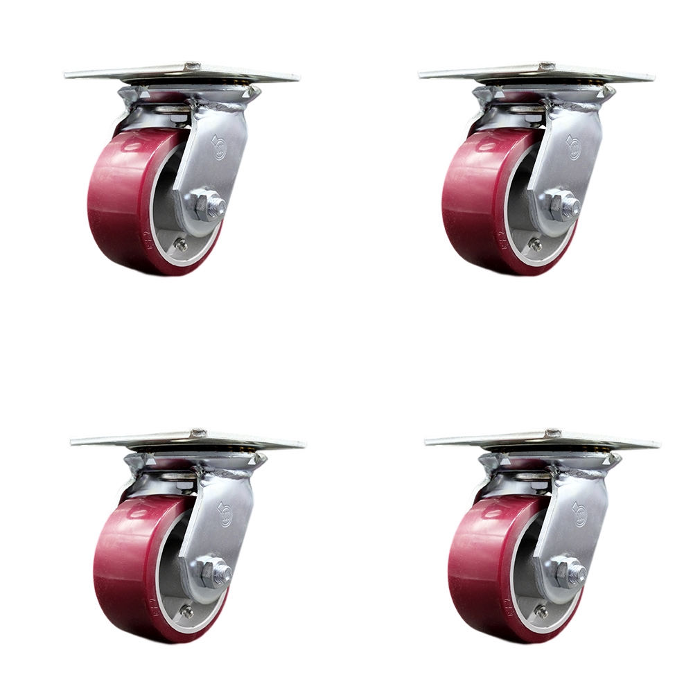 SCC-35S420-PAR-4 Heavy Duty Large Top Plate Polyurethane on Aluminum Swivel Caster with 4 x 2 in. Maroon Wheels - 2800 lbs Total Capacity - Set of 4