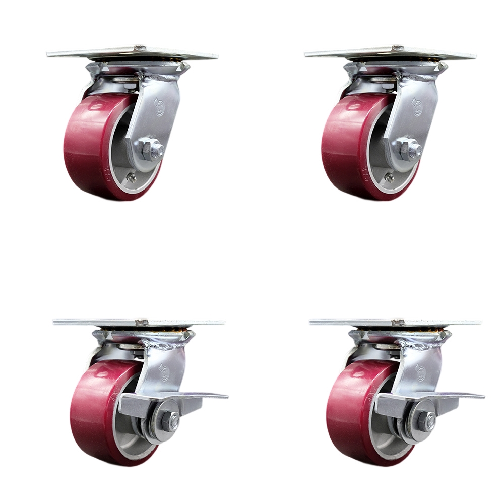Heavy Duty Large Top Plate Polyurethane on Aluminum Swivel Caster with 4 x 2 in. Maroon Wheels - 2800 lbs Total Capacity - Set of 4