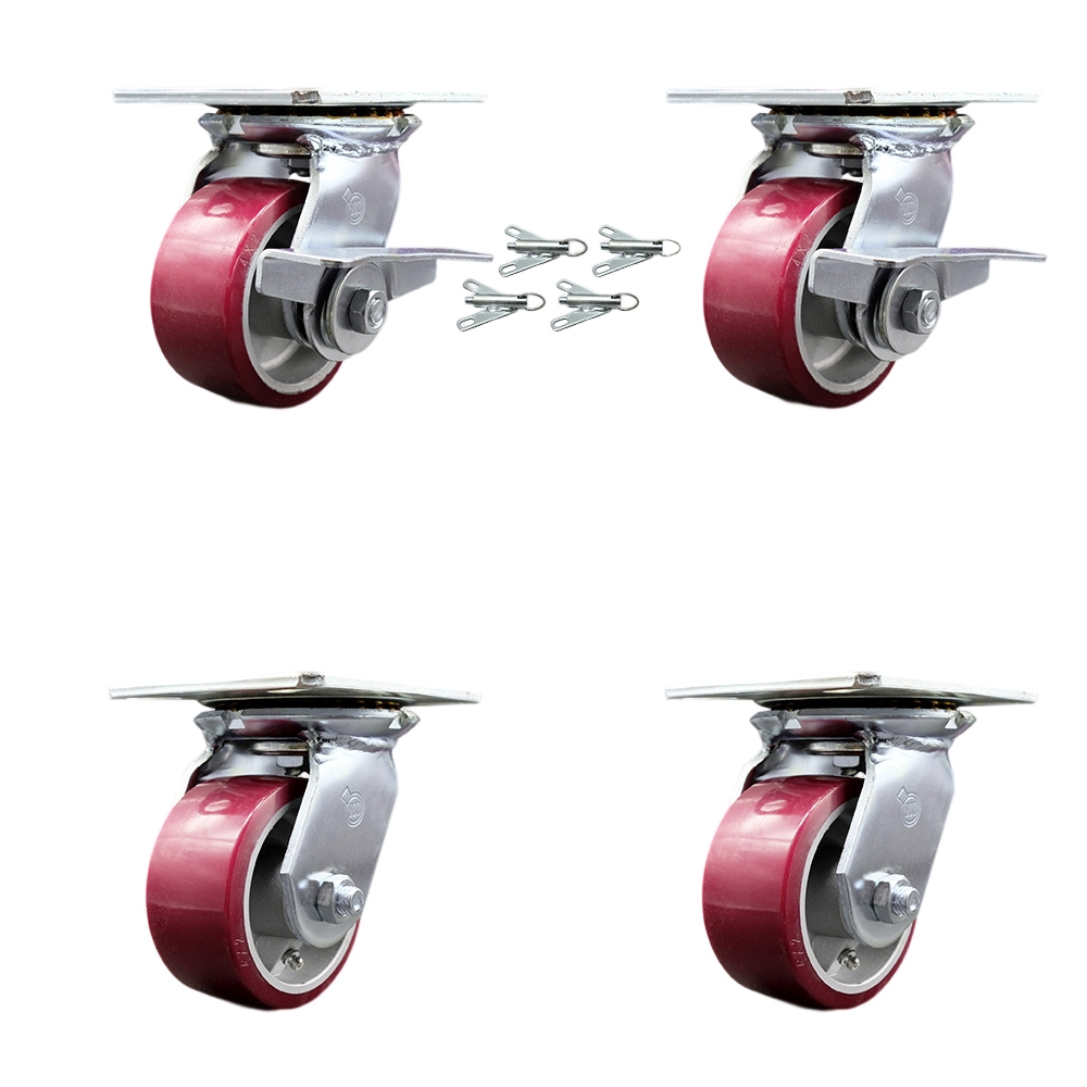 SCC-35S420-PAR-SLB-BSL-2-BSL-2 Heavy Duty Large Top Plate Poly on Aluminum Swivel Caster with 4 x 2 in. Maroon Wheels - 2800 lbs Capacity - Set of 4