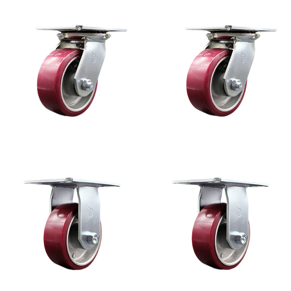 Heavy Duty Large Top Plate Polyurethane on Aluminum Swivel Caster with 5 x 2 in. Maroon Wheels - 3600 lbs Total Capacity - Set of 4