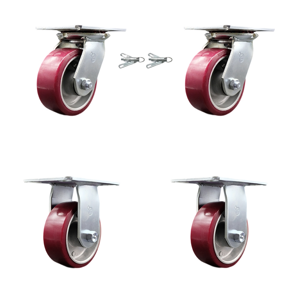Heavy Duty Large Top Plate Polyurethane on Aluminum Swivel Caster with 5 x 2 in. Maroon Wheels - 3600 lbs Total Capacity - Set of 4