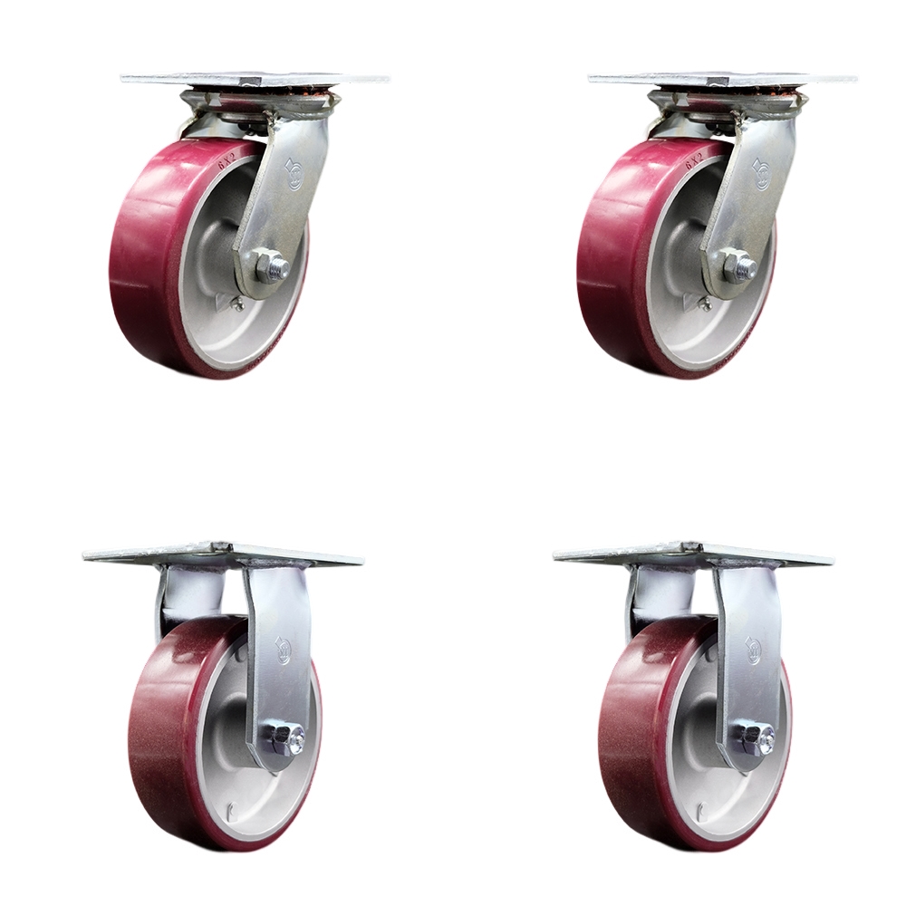 Heavy Duty Large Top Plate Polyurethane on Aluminum Swivel Caster with 6 x 2 in. Maroon Wheels - 4800 lbs Total Capacity - Set of 4