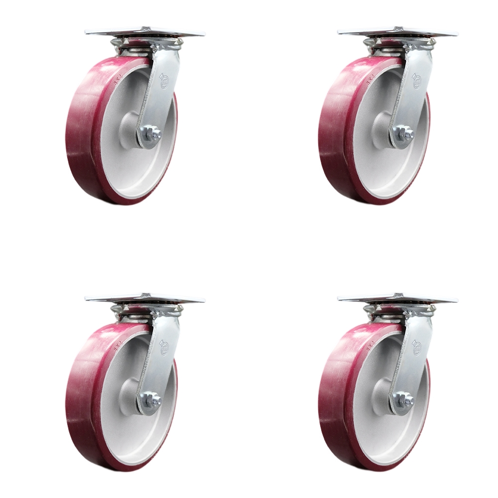 Heavy Duty Large Top Plate Polyurethane on Aluminum Swivel Caster with 8 x 2 in. Maroon Wheels - 5000 lbs Total Capacity - Set of 4