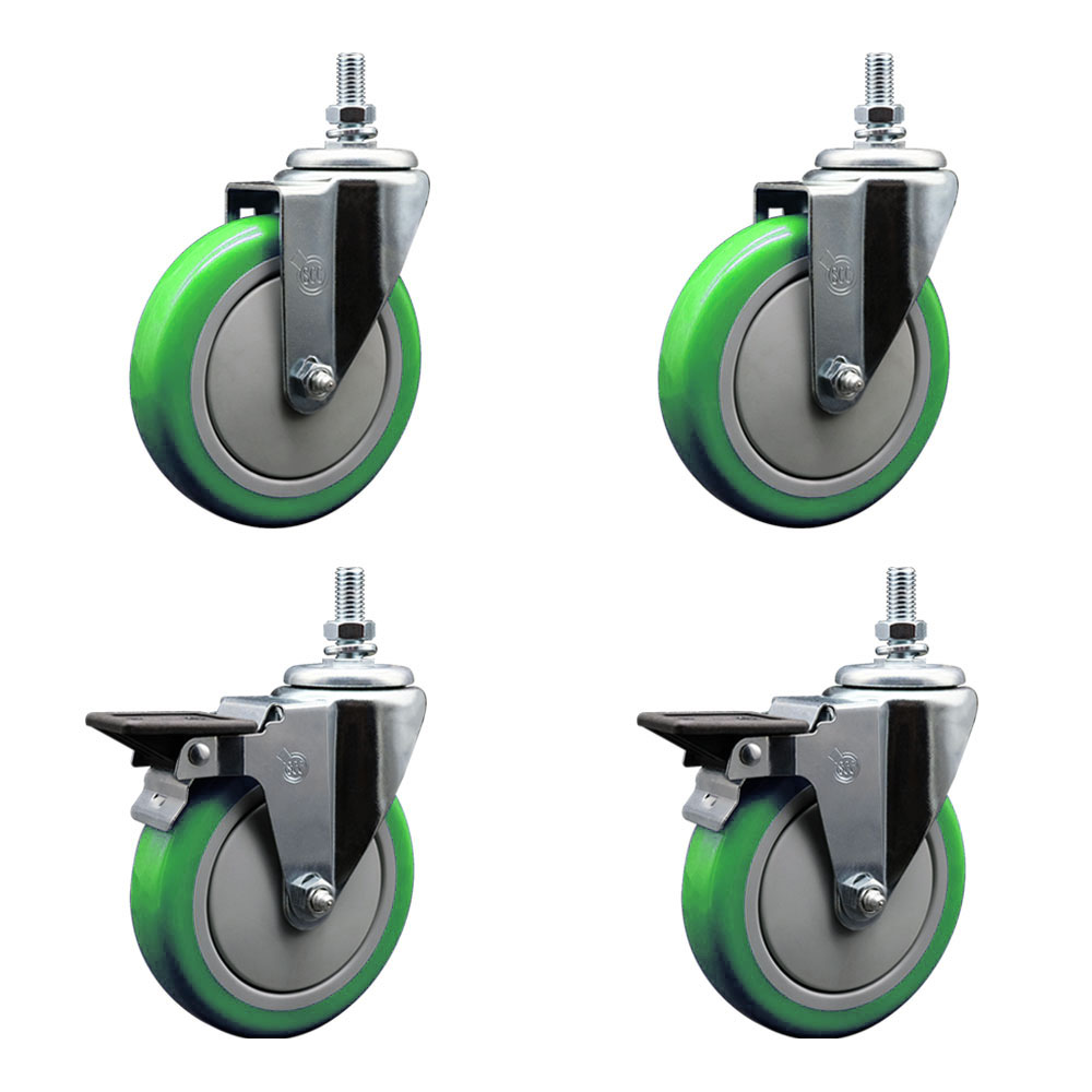 SCC-TS20S514-PPUB-GRN-M1015-2-PLB-2 Polyurethane Swivel Threaded Stem Caster with 5 x 1.25 in. Green Wheels & 10 mm Stems - Set of 4