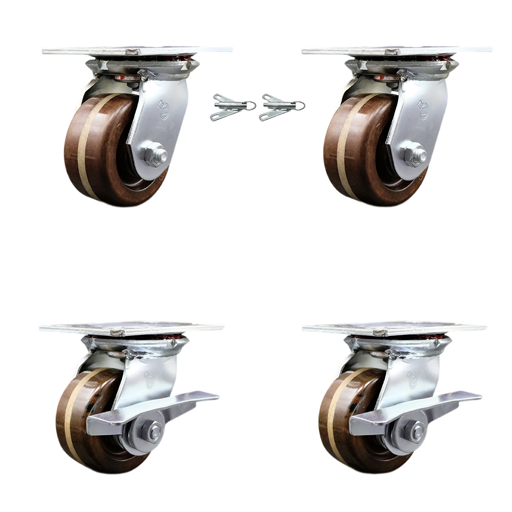 Heavy Duty Large Top Plate High Temperature Phenolic Swivel Caster with 4 x 2 in. Brown Wheels - 3200 lbs Capacity - Set of 4