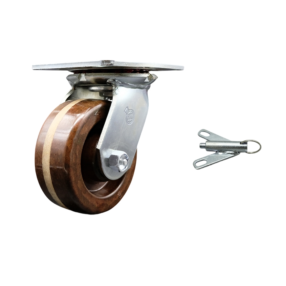 Heavy Duty Large Top Plate High Temperature Phenolic Swivel Caster with 5 x 2 in. Brown Wheel & Bolt on Swivel Lock - 1000 lbs Capacity per Caster