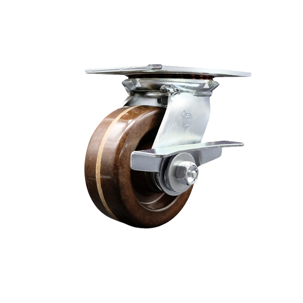 Heavy Duty Large Top Plate High Temperature Phenolic Swivel Caster with 5 x 2 in. Brown Wheel & Side Lock Brake - 1000 lbs Capacity per Caster