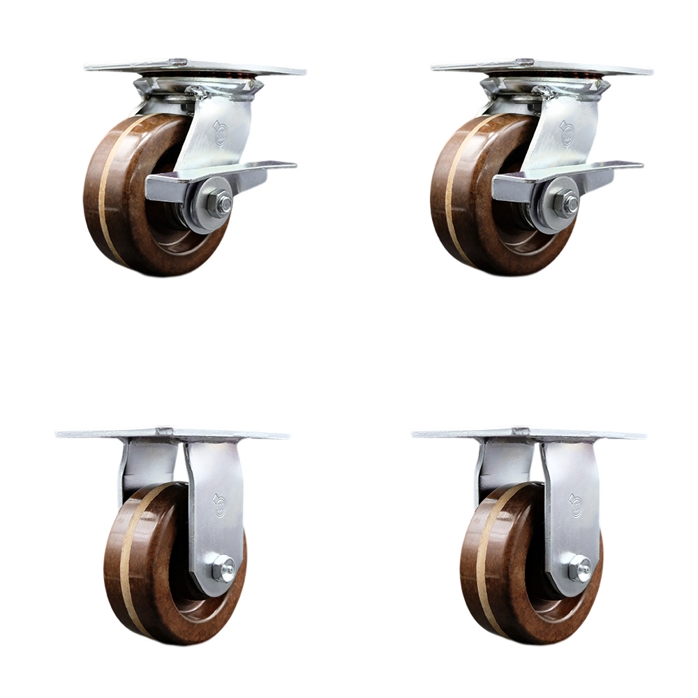 Heavy Duty Large Top Plate High Temperature Phenolic Swivel Caster with 5 x 2 in. Brown Wheels - 4000 lbs Total Capacity - Set of 4