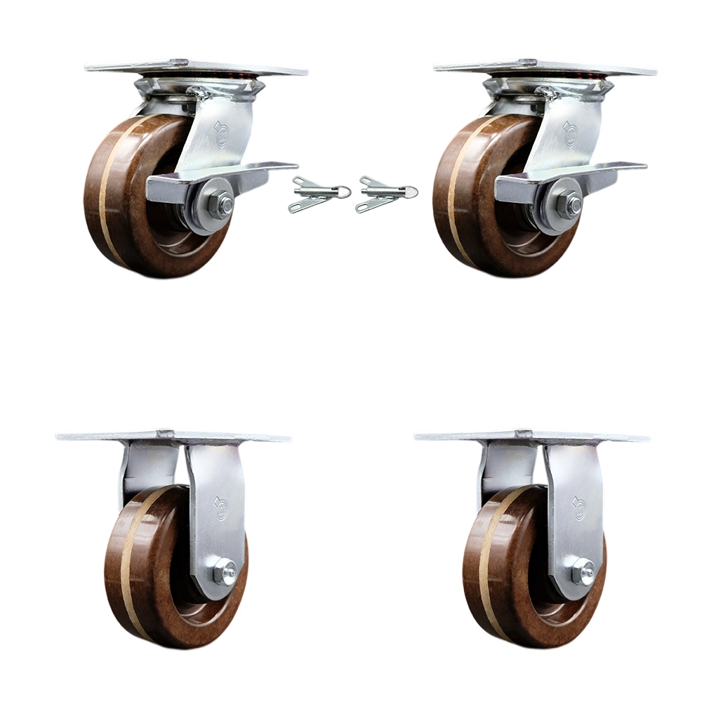 Heavy Duty Large Top Plate High Temperature Phenolic Swivel Caster with 5 x 2 in. Brown Wheels - 4000 lbs Capacity - Set of 4