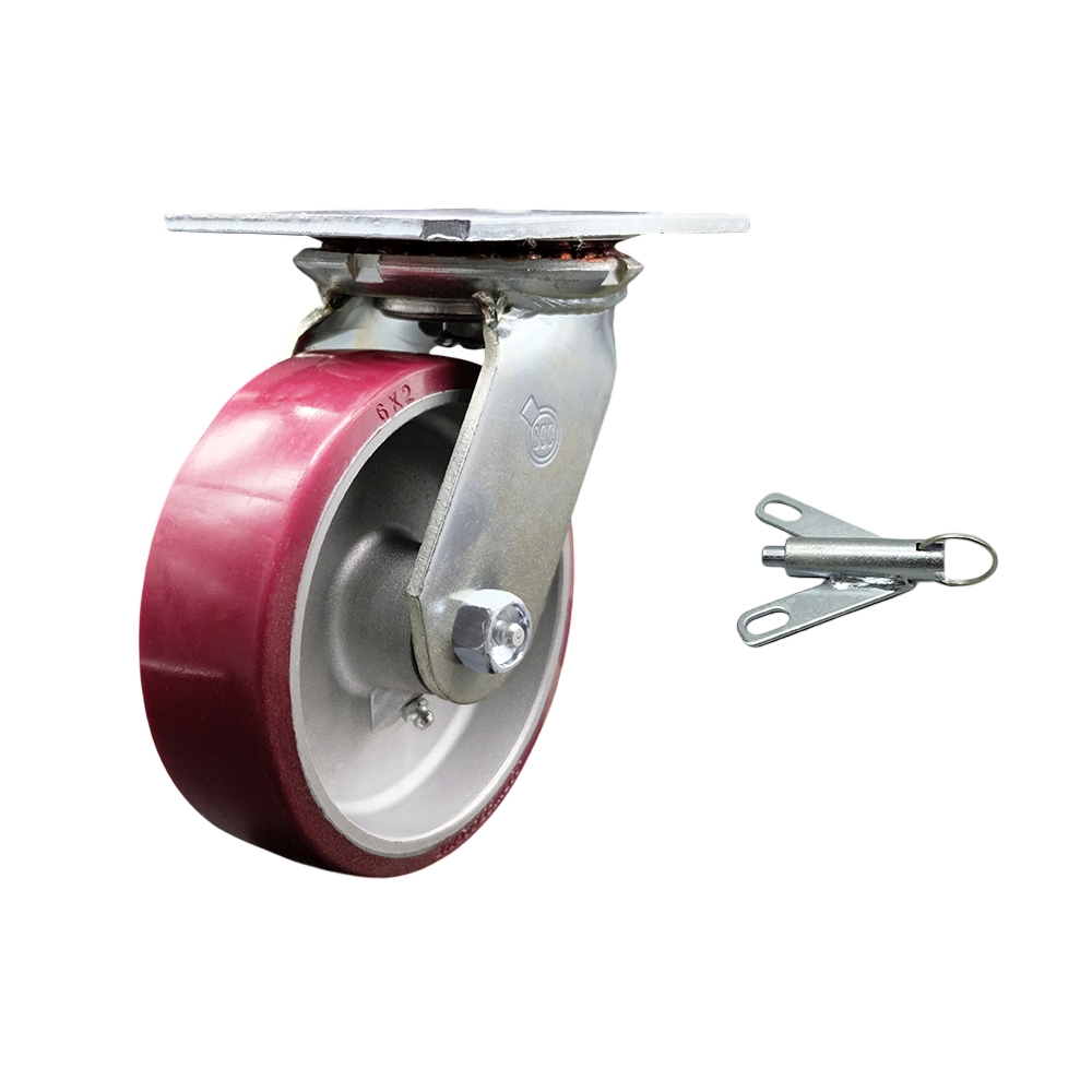 Heavy Duty Large Top Plate Polyurethane on Aluminum Swivel Caster with 6 x 2 in. Maroon Wheel & Bolt on Swivel Lock - 1200 lbs Capacity per Caster
