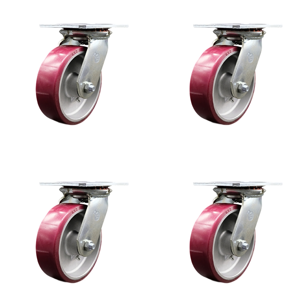 Heavy Duty Large Top Plate Polyurethane on Aluminum Swivel Caster with 6 x 2 in. Maroon Wheels - 4800 lbs Total Capacity - Set of 4
