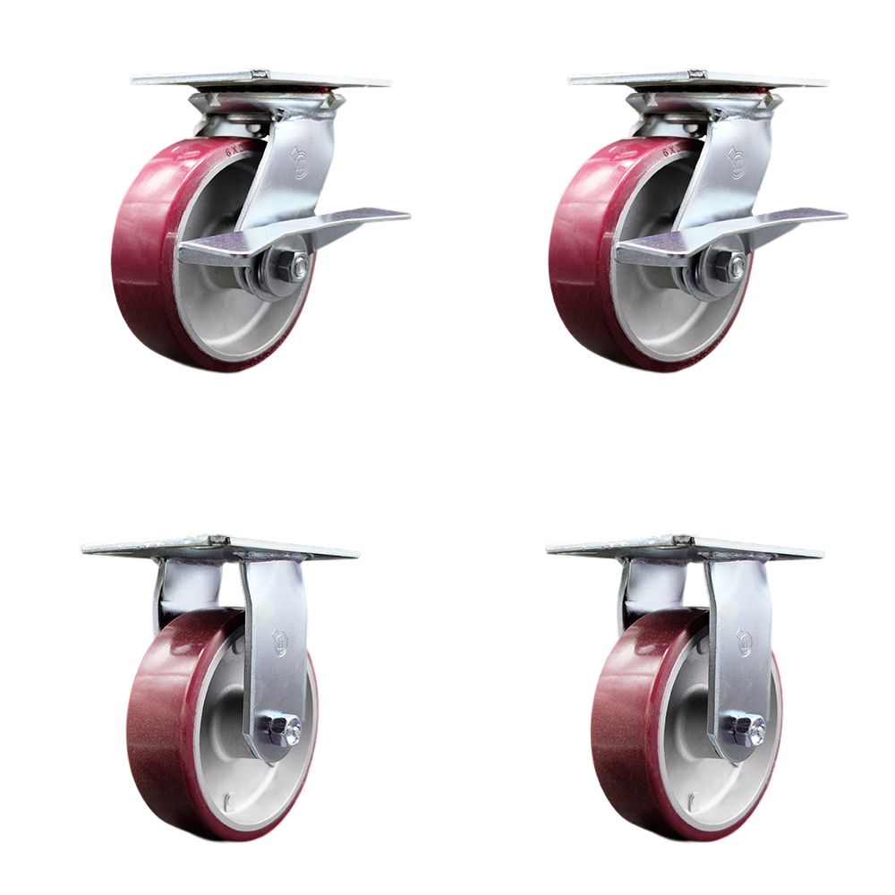 Heavy Duty Large Top Plate Polyurethane on Aluminum Swivel Caster with 6 x 2 in. Maroon Wheels - 4800 lbs Total Capacity - Set of 4