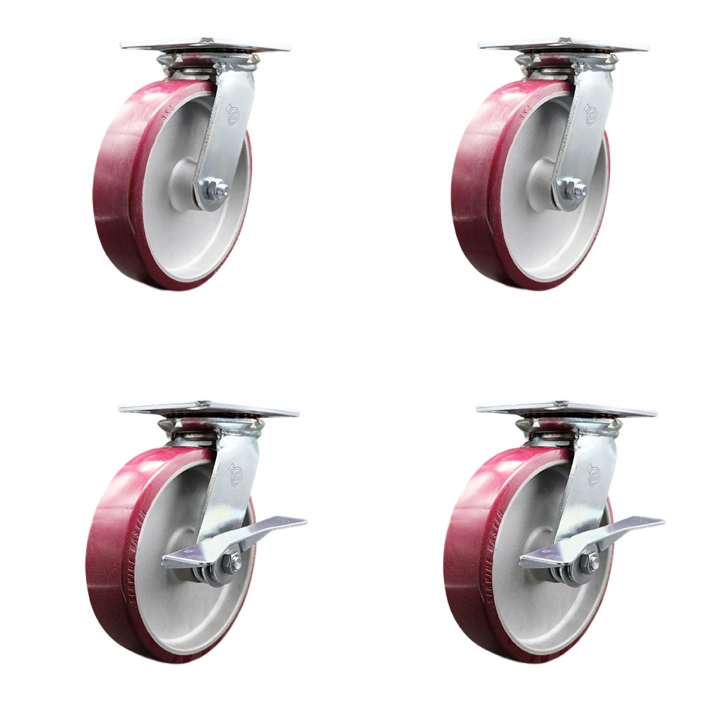 Heavy Duty Large Top Plate Polyurethane on Aluminum Swivel Caster with 8 x 2 in. Maroon Wheels - 5000 lbs Capacity - Set of 4