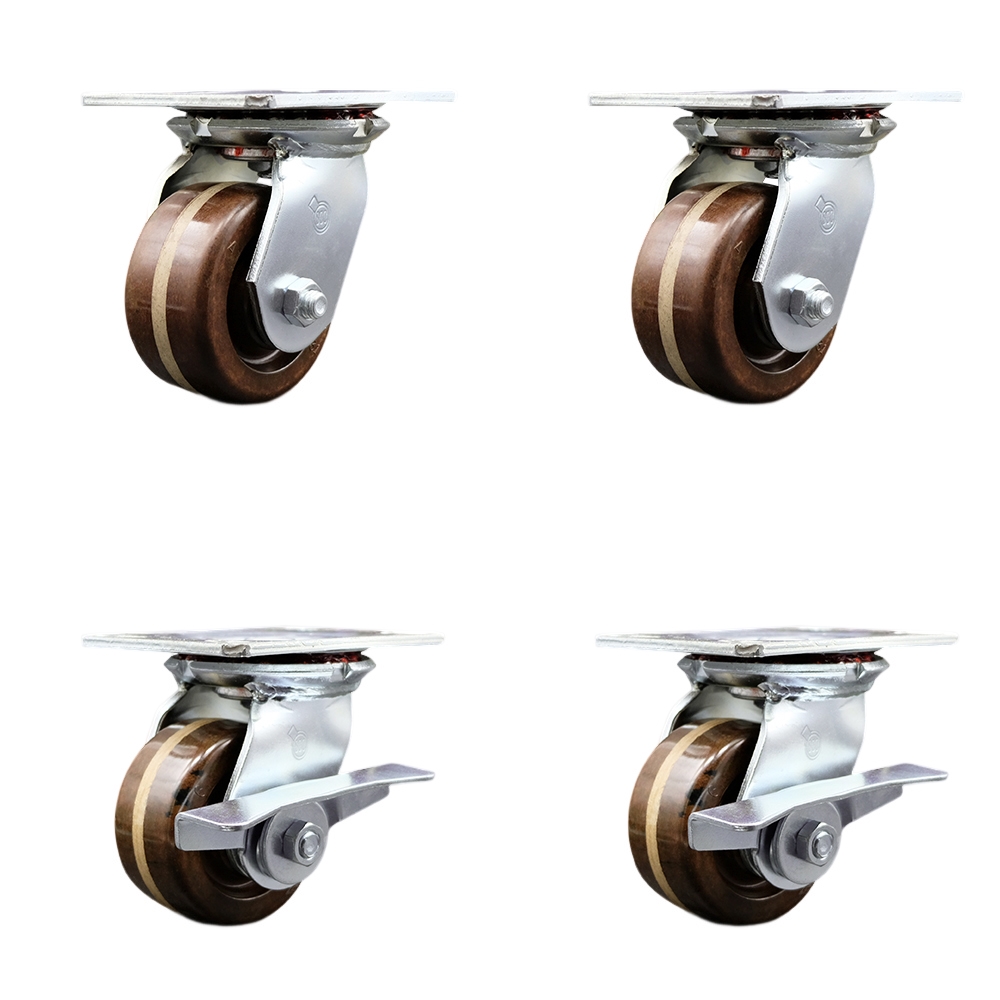 Heavy Duty Large Top Plate High Temperature Phenolic Swivel Caster with 4 x 2 in. Brown Wheels - 3200 lbs Total Capacity - Set of 4