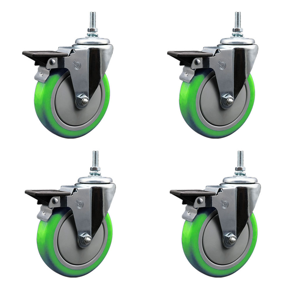SCC-TS20S514-PPUB-GRN-PLB-381615-4 Polyurethane Swivel Threaded Stem Caster with 5 x 1.25 in. Green Wheels & 0.38 in. Stems - Set of 4
