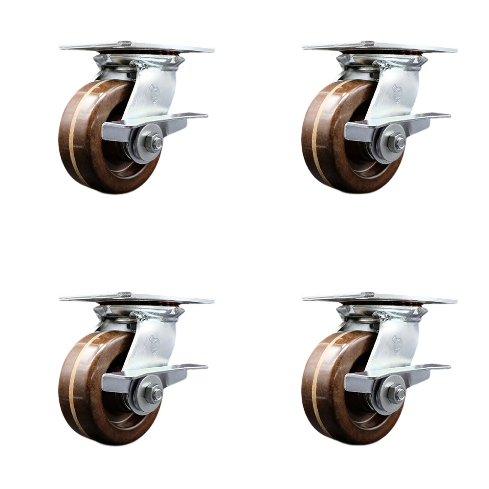 Heavy Duty Large Top Plate High Temperature Phenolic Swivel Caster with 5 x 2 in. Brown Wheels - 4000 lbs Total Capacity - Set of 4