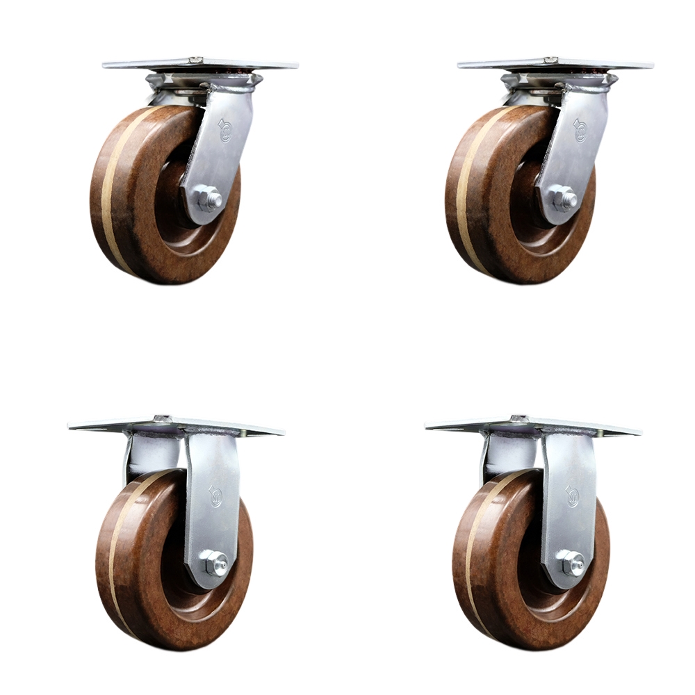 Heavy Duty Large Top Plate High Temperature Phenolic Swivel Caster with 6 x 2 in. Brown Wheels - 4800 lbs Total Capacity - Set of 4