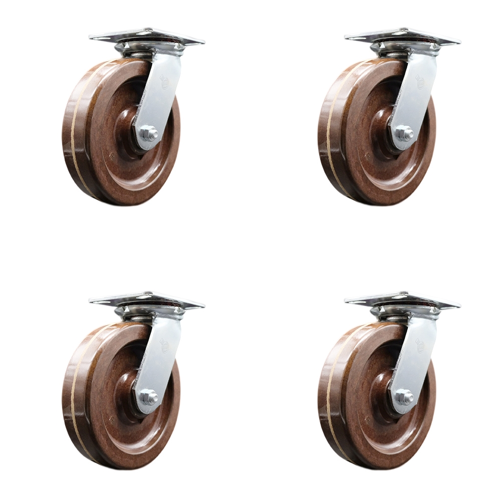 Heavy Duty Large Top Plate High Temperature Phenolic Swivel Caster with 8 x 2 in. Brown Wheels - 5000 lbs Total Capacity - Set of 4