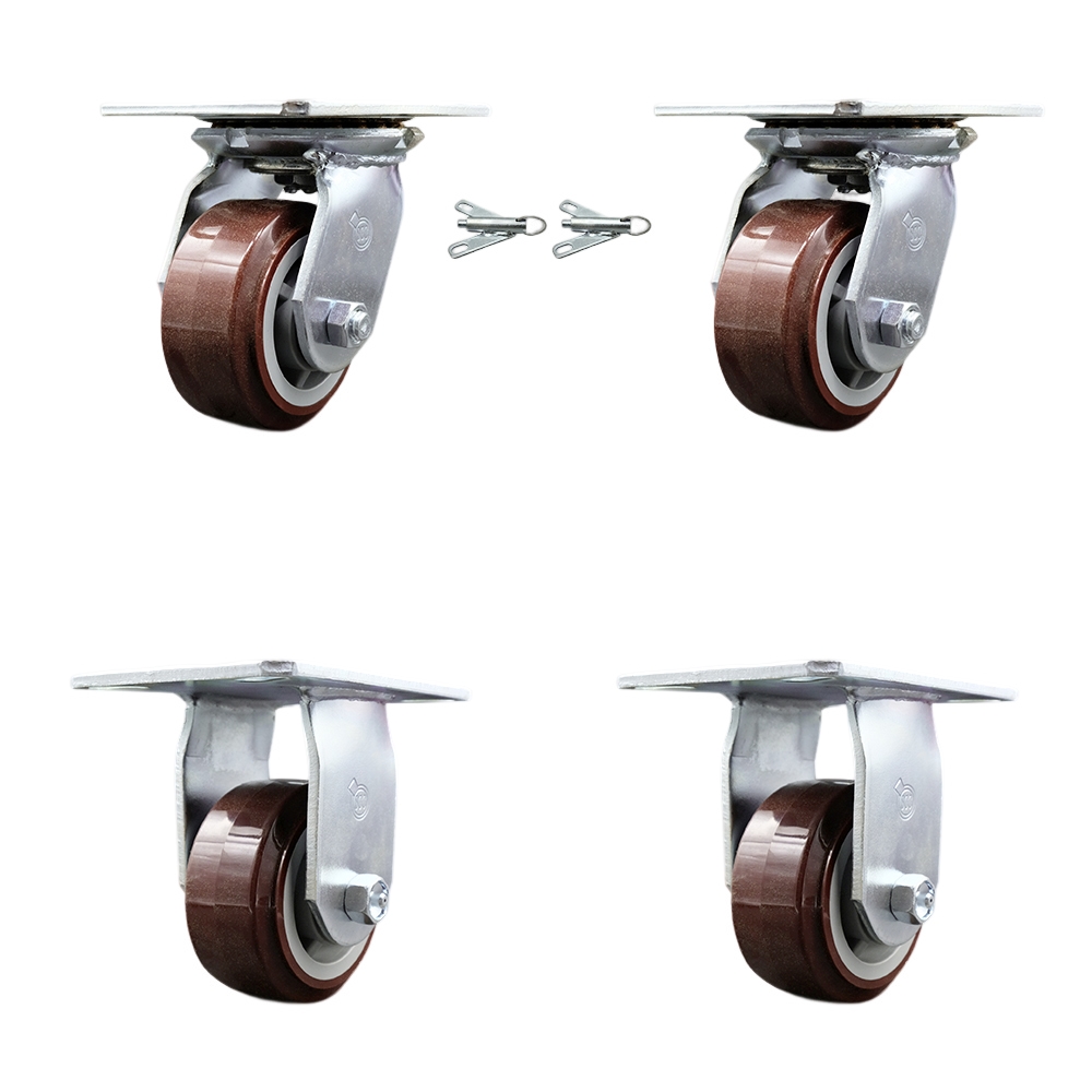 Heavy Duty Large Top Plate Polyurethane on Polyolefin Swivel Caster with 4 x 2 in. Maroon Wheels - 2400 lbs Total Capacity - Set of 4