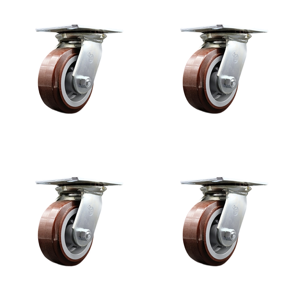 Heavy Duty Large Top Plate Polyurethane on Polyolefin Swivel Caster with 5 x 2 in. Maroon Wheels - 3000 lbs Total Capacity - Set of 4