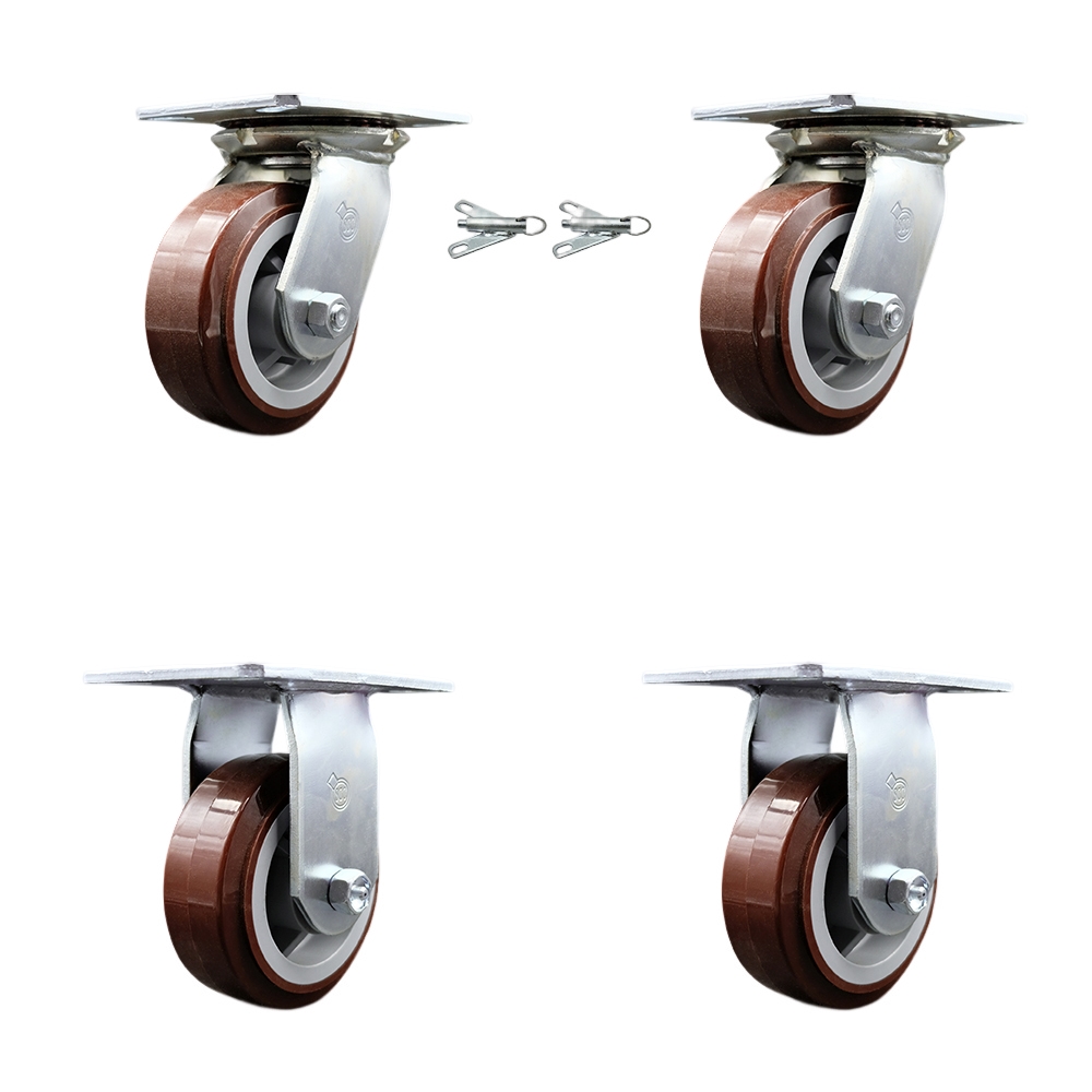 Heavy Duty Large Top Plate Polyurethane on Polyolefin Swivel Caster with 5 x 2 in. Maroon Wheels - 3000 lbs Total Capacity - Set of 4