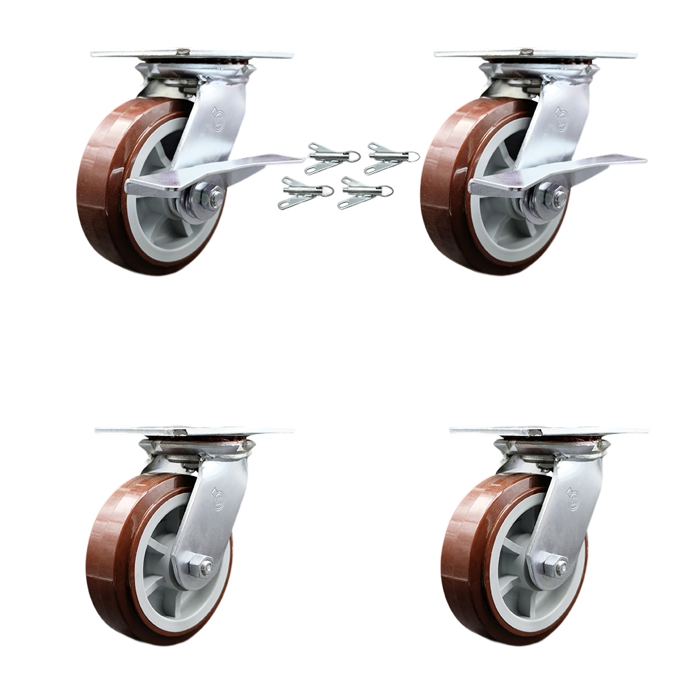 Heavy Duty Large Top Plate Poly on Polyolefin Swivel Caster with 6 x 2 in. Maroon Wheels - 3600 lbs Capacity - Set of 4