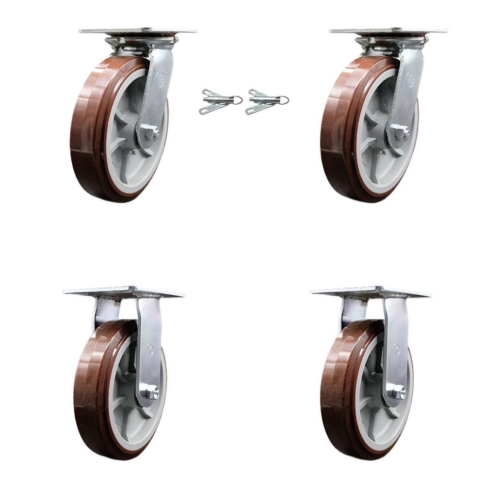 Heavy Duty Large Top Plate Polyurethane on Polyolefin Swivel Caster with 8 x 2 in. Maroon Wheels - 4000 lbs Total Capacity - Set of 4