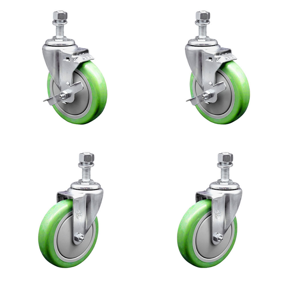 SCC-TS20S514-PPUB-GRN-TLB-M1215-2-S-2 Polyurethane Swivel Threaded Stem Caster with 5 x 1.25 in. Green Wheels & 12 mm Stems - Set of 4