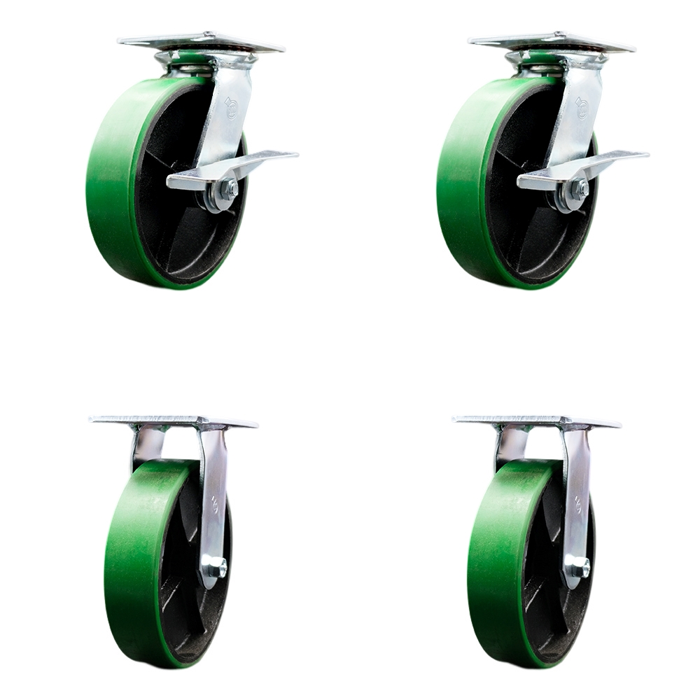 Heavy Duty Large Top Plate Polyurethane on Cast Iron Swivel Caster with 8 x 2 in. Green Wheels - 5000 lbs Total Capacity - Set of 4