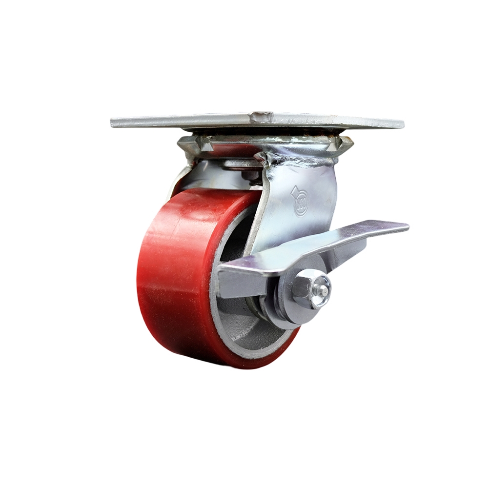 Heavy Duty Large Top Plate Polyurethane on Cast Iron Swivel Caster with 4 x 2 in. Red Wheel & Side Lock Brake - 700 lbs Capacity per Caster