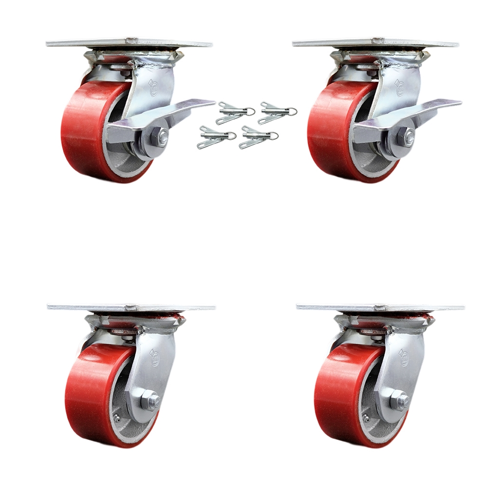 SCC-35S420-PUR-RS-SLB-BSL-2-BSL-2 Heavy Duty Large Top Plate Poly on Cast Iron Swivel Caster with 4 x 2 in. Red Wheels - 2800 lbs Capacity - Set of 4