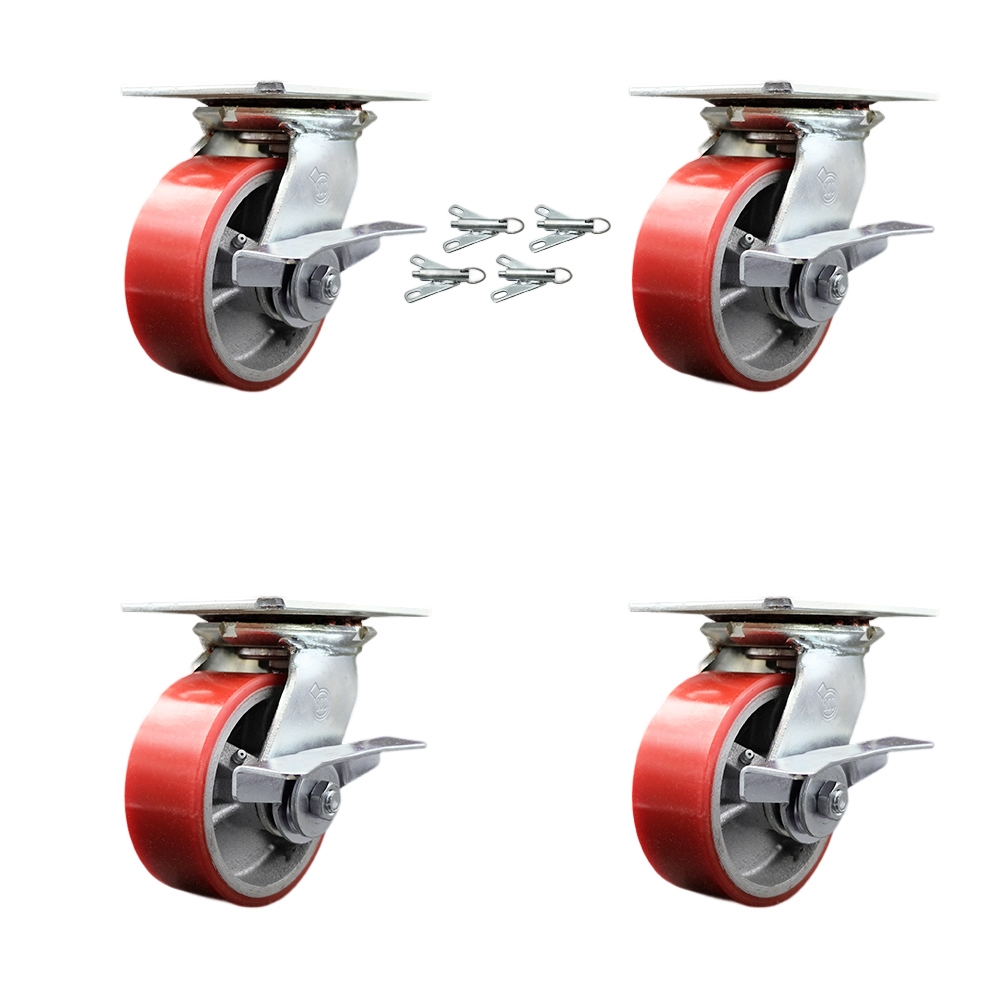 Heavy Duty Large Top Plate Polyurethane on Cast Iron Swivel Caster with 5 x 2 in. Red Wheels - 3600 lbs Total Capacity - Set of 4