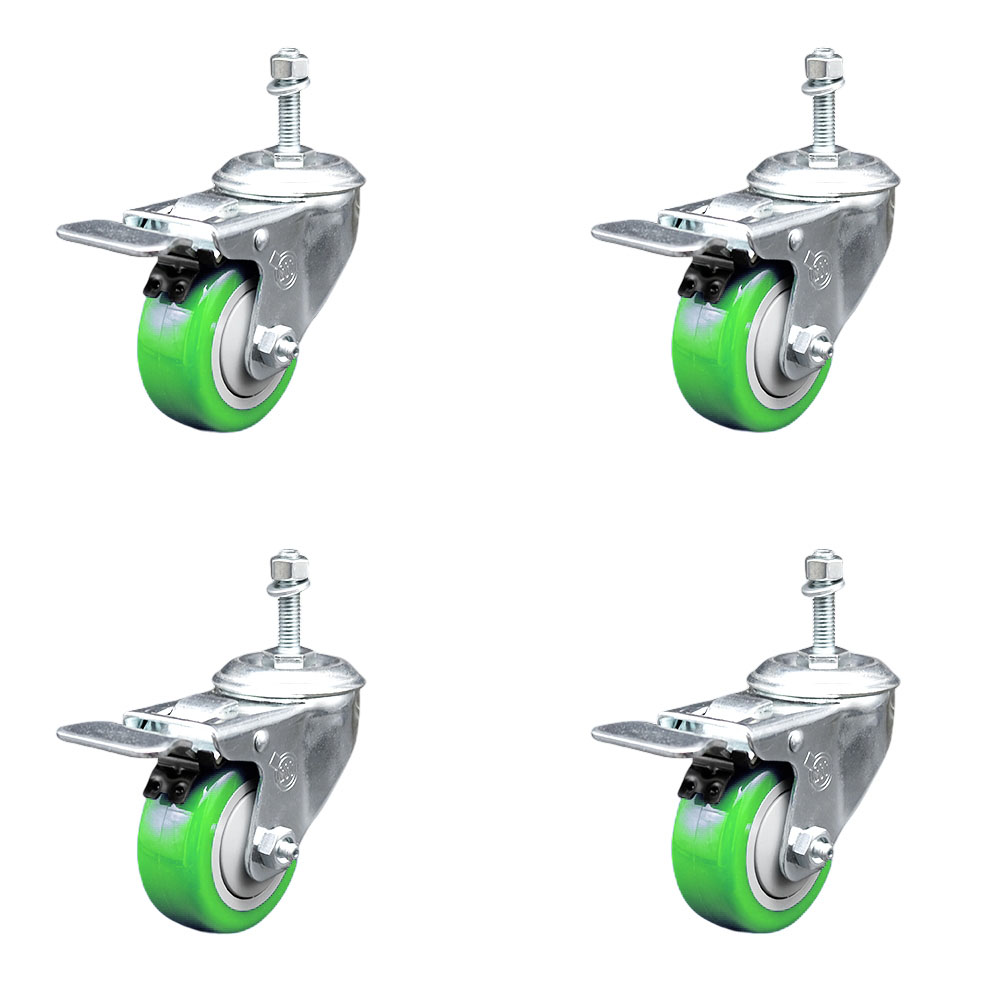 SCC-TSTTL20S314-PPUB-GRN-M1015-4 Polyurethane Swivel Threaded Stem Caster with 3 x 1.25 in. Green Wheels & 10 mm Stems - Set of 4