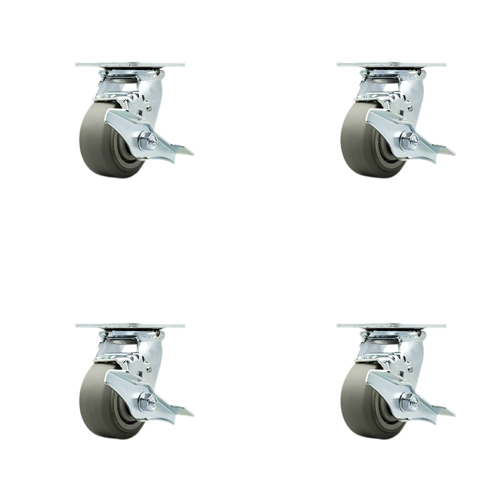Heavy Duty Swivel Caster with 4 in. Thermoplastic Rubber Flat Tread Wheels & Ball Bearings - 1200 lbs Total Capacity - Set of 4