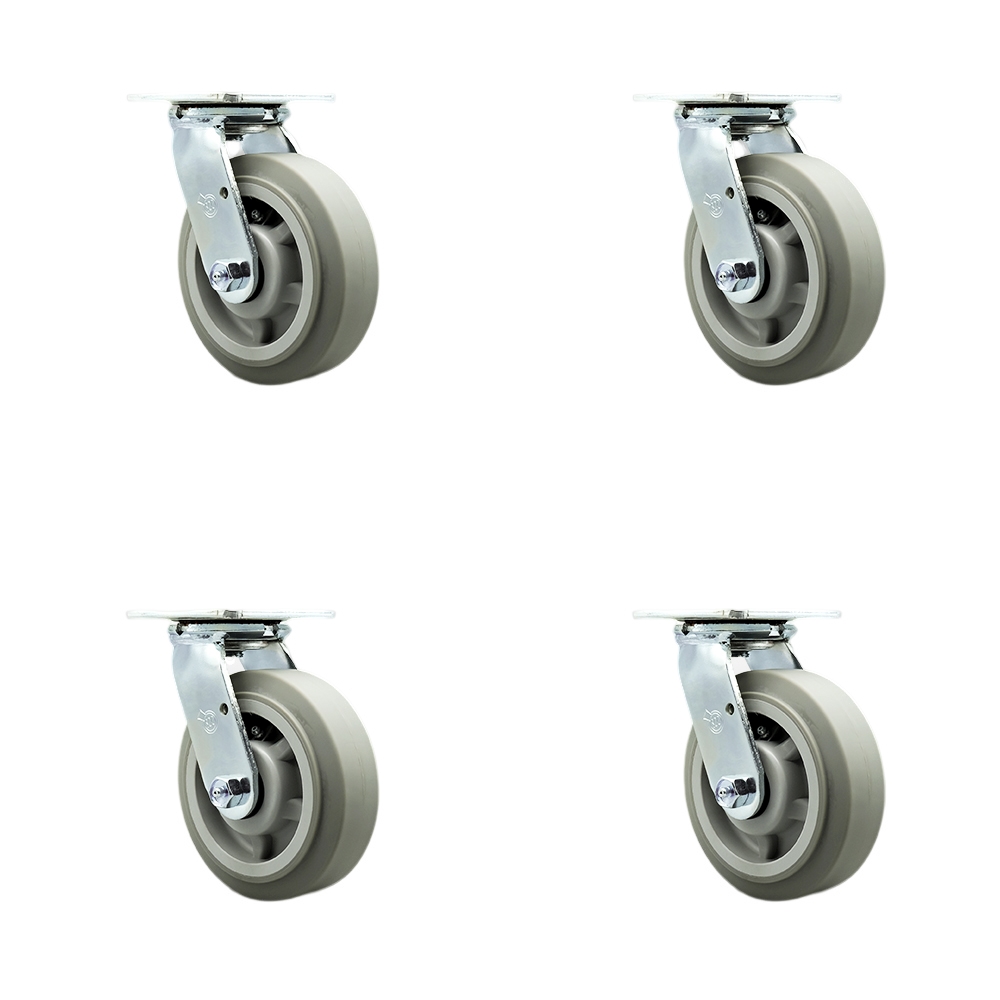 Stainless Steel Heavy Duty Swivel Caster with 6 in. Thermoplastic Rubber Flat Tread Wheels & Ball Bearings - 2000 lbs Total Capacity - Set of 4