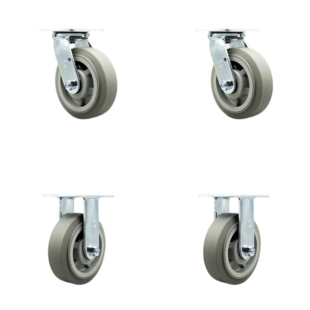 Stainless Steel Heavy Duty Swivel Caster with 6 in. Thermoplastic Rubber Flat Tread Wheels & Ball Bearings - 2000 lbs Total Capacity - Set of 4